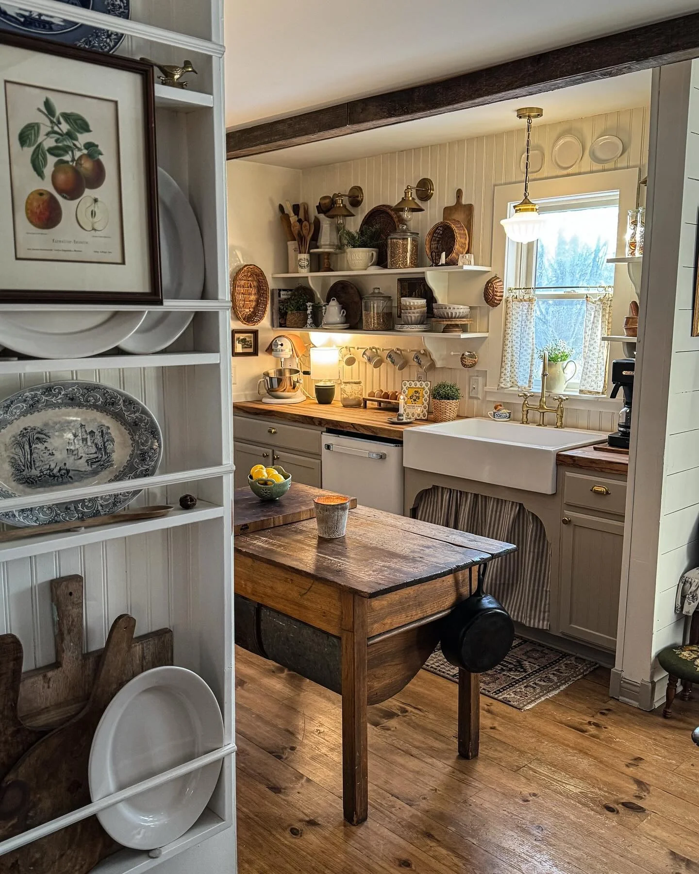 Framed Botanical Print Adds Rustic Charm Above Open Shelving
