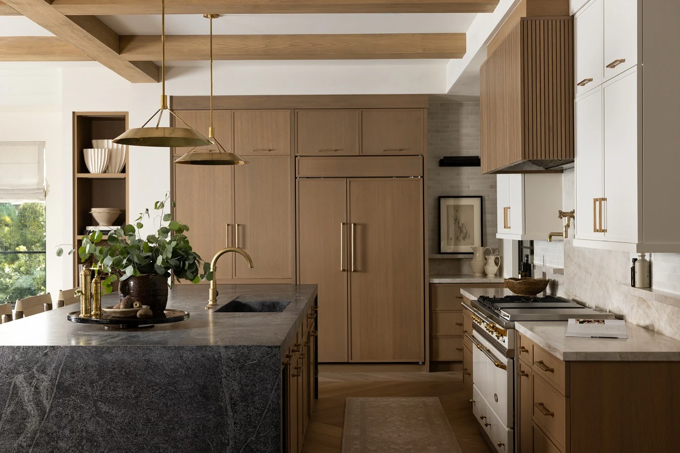 Warm Up a Wood Kitchen with Brass Pendants