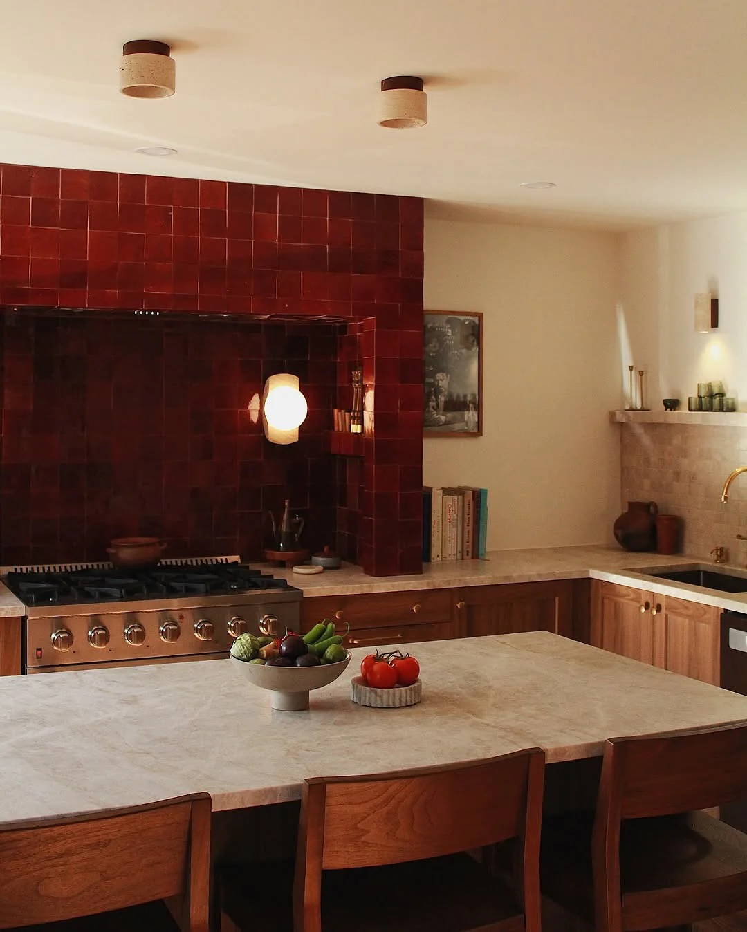 Deep Red Square Tile Backsplash Creates a Dramatic Focal Point