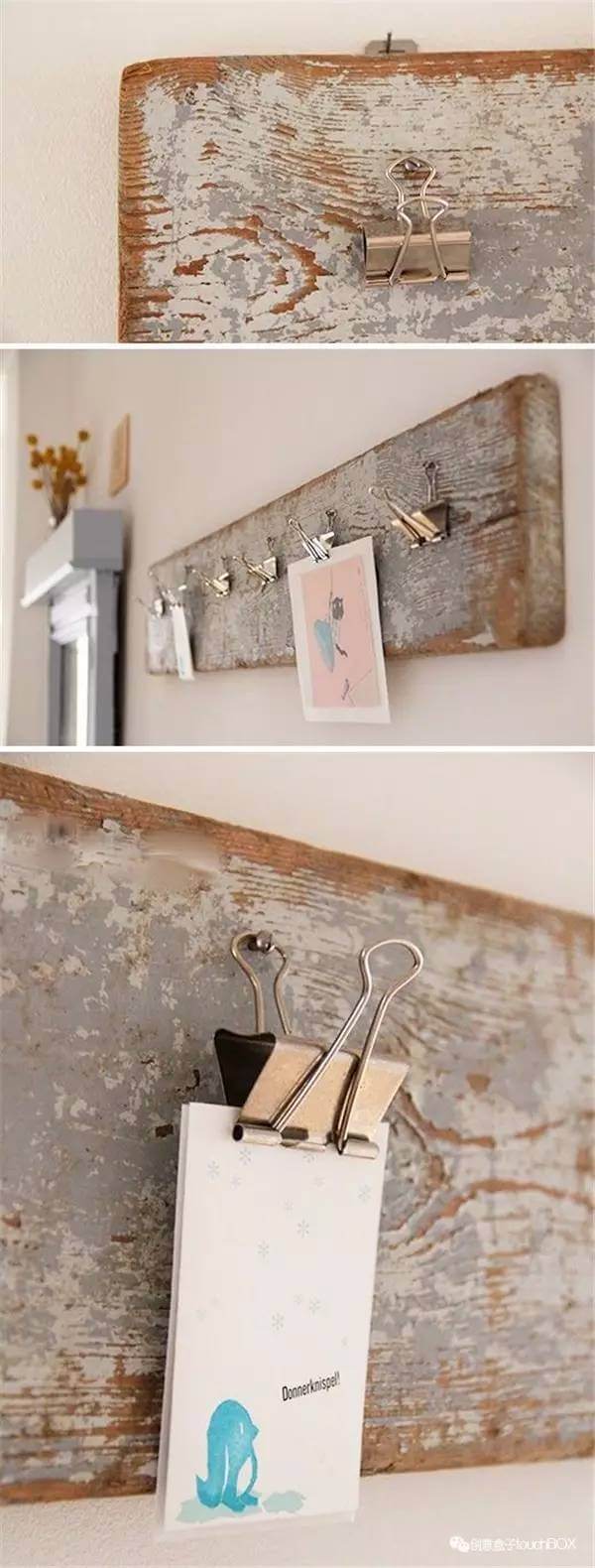 Distressed Wood Plank With Binder Clips for Displaying Photos