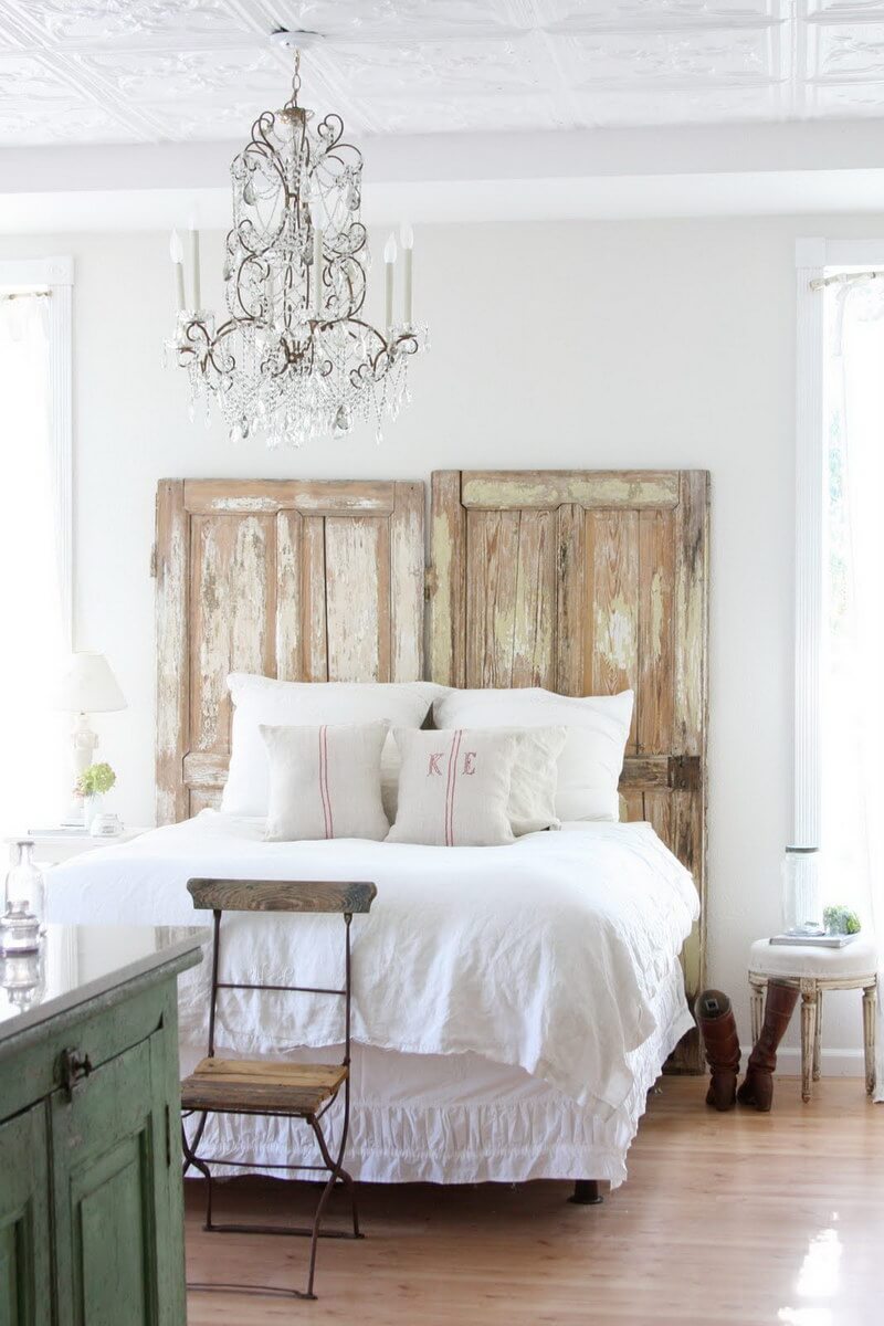 Salvaged Doors Create a Weathered, Rustic Headboard