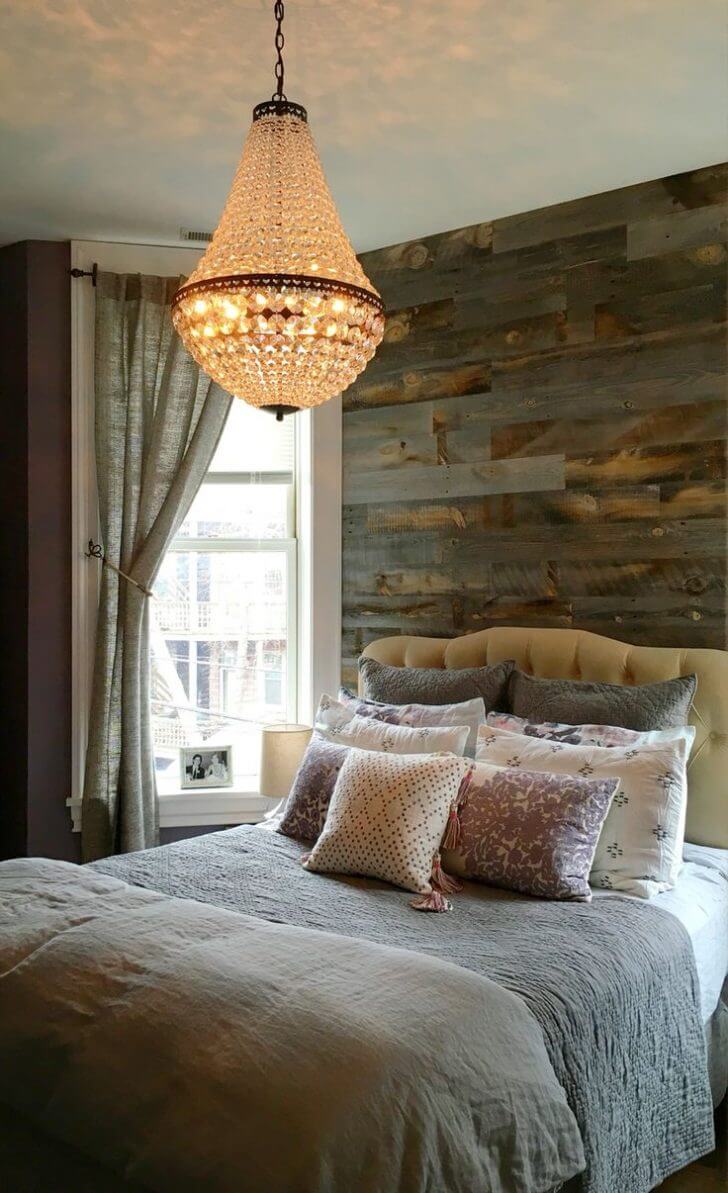 Contrast a Crystal Chandelier with a Wood Plank Wall