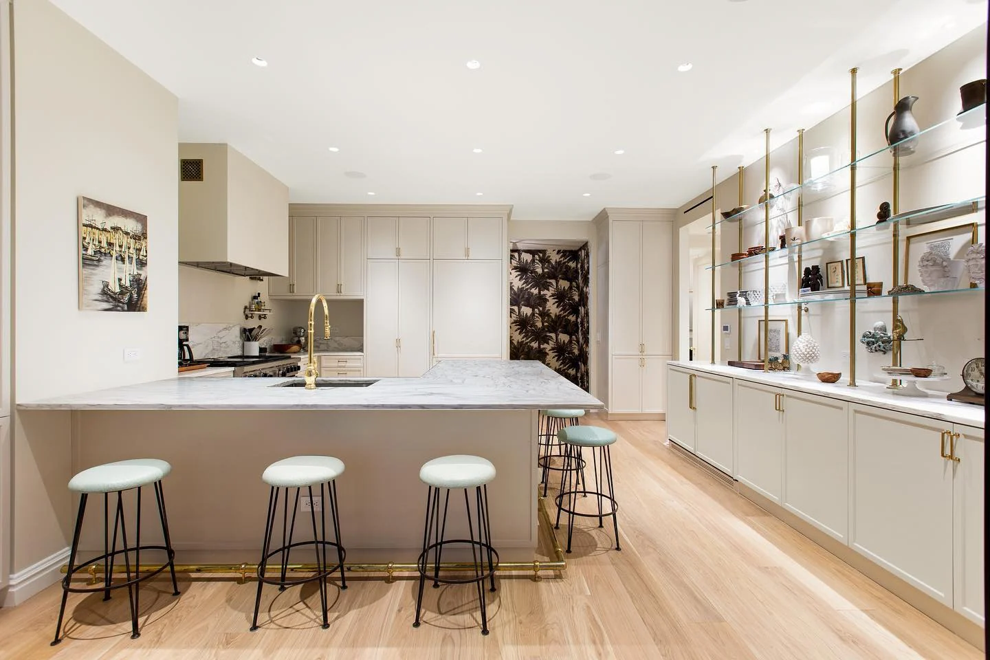 Glass Shelving With Brass Supports Adds Open Display