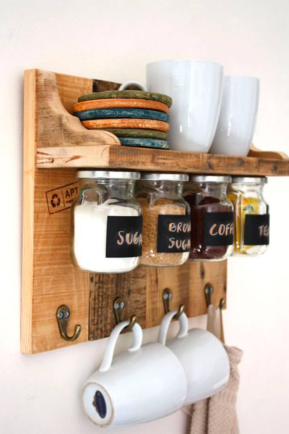 Pallet Wood Shelf with Jars and Mug Hooks