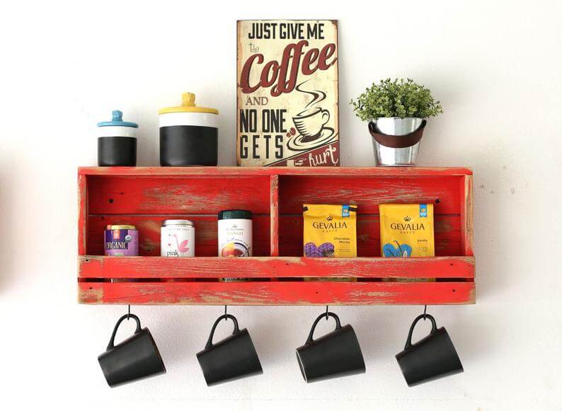 Red Wall Shelf with Integrated Mug Hooks