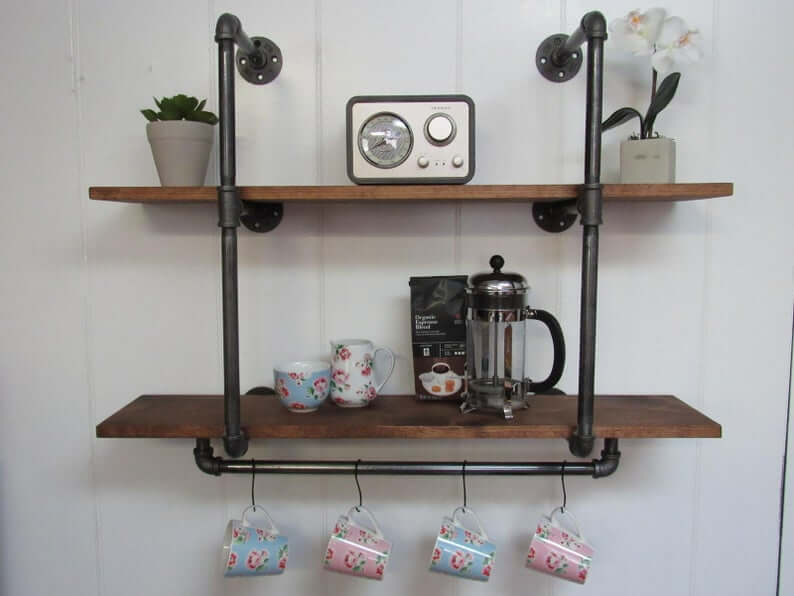 Industrial Pipe Shelving with Mug Rail