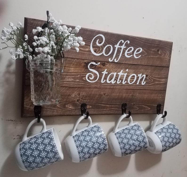 Wooden Sign with Mason Jar and Mug Hooks
