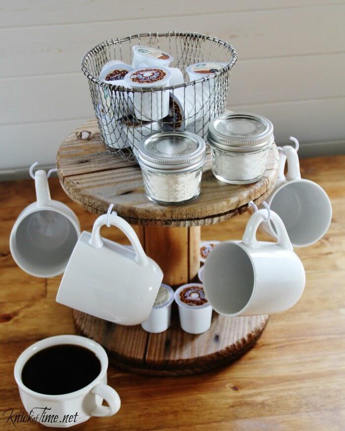 Repurposed Spool as a Tiered Coffee Stand