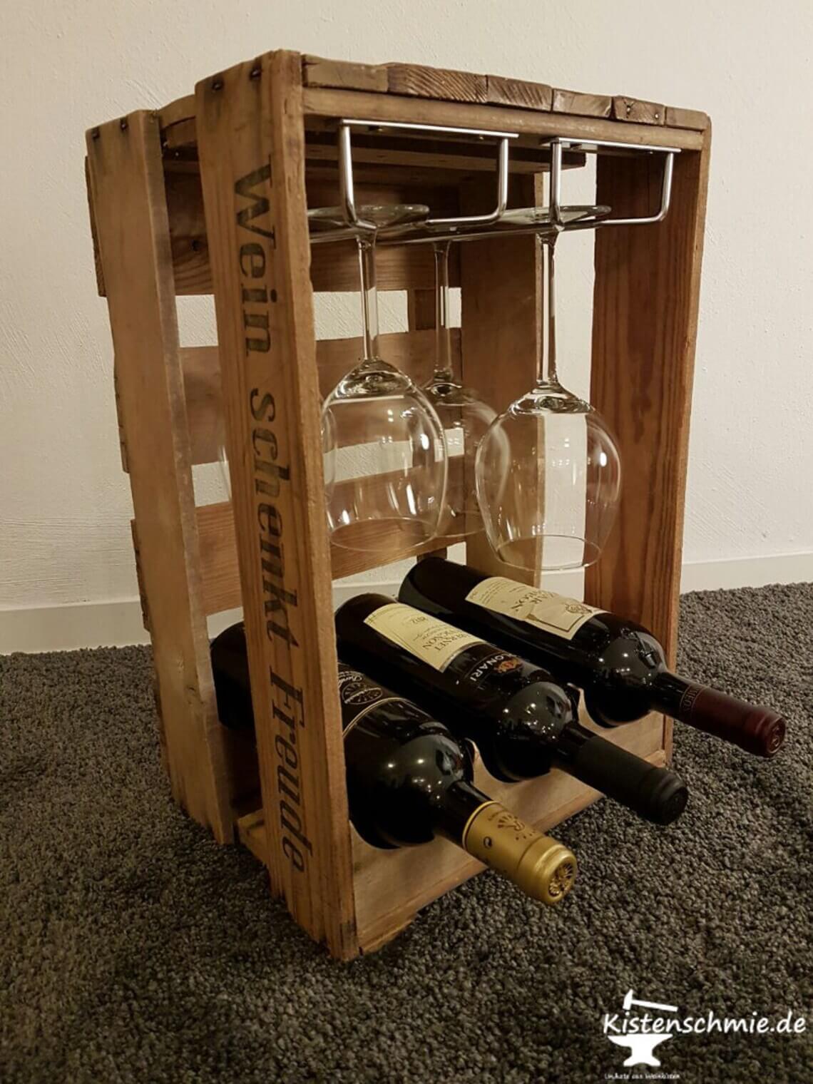 Repurposed Crate Holds Wine Bottles and Hangs Glasses