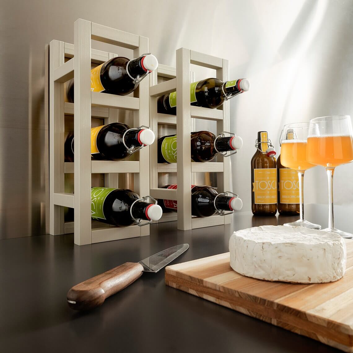 Expandable Light Wood Racks Hold Bottles Angled