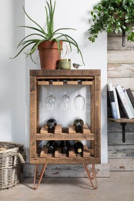 Rustic Wood Wine Rack With Copper Hairpin Legs