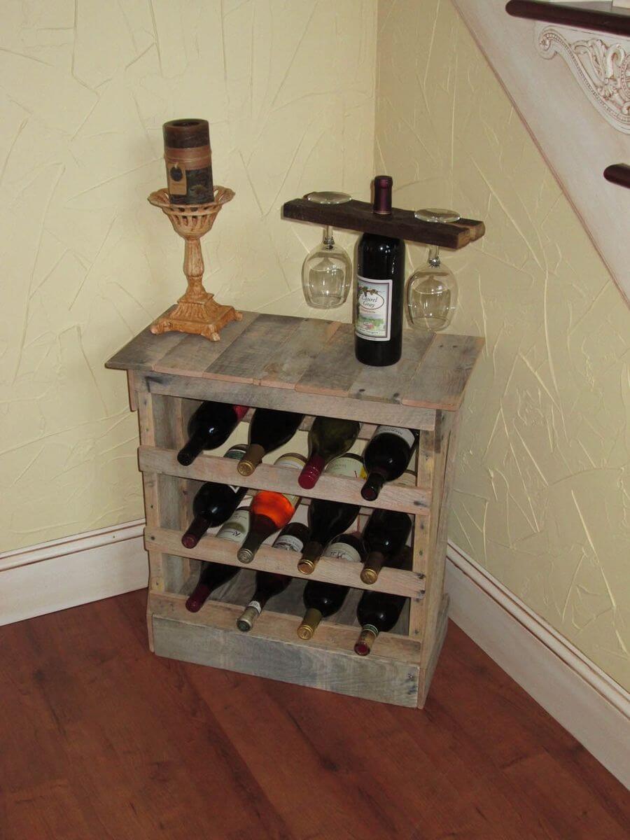 Rustic Pallet Wood Rack Holds Bottles and Hangs Glasses
