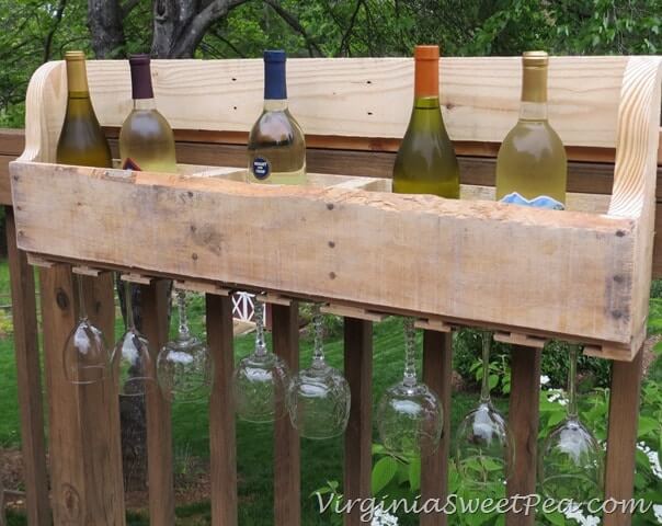 Wooden Pallet Rack Holds Bottles and Hangs Glasses