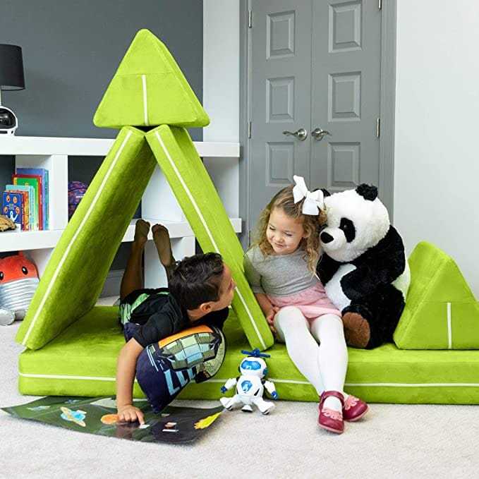 Bright Green Nugget Couch Blocks Create a Cozy Indoor Tent