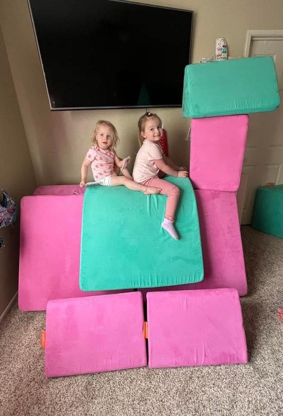 Pink and Teal Nugget Couch Blocks Create a Multi-Level Play Zone