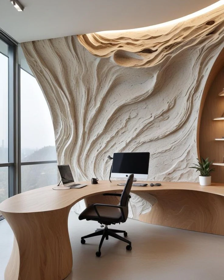 Sculpted Wall Art Adds Dramatic Texture Behind a Desk