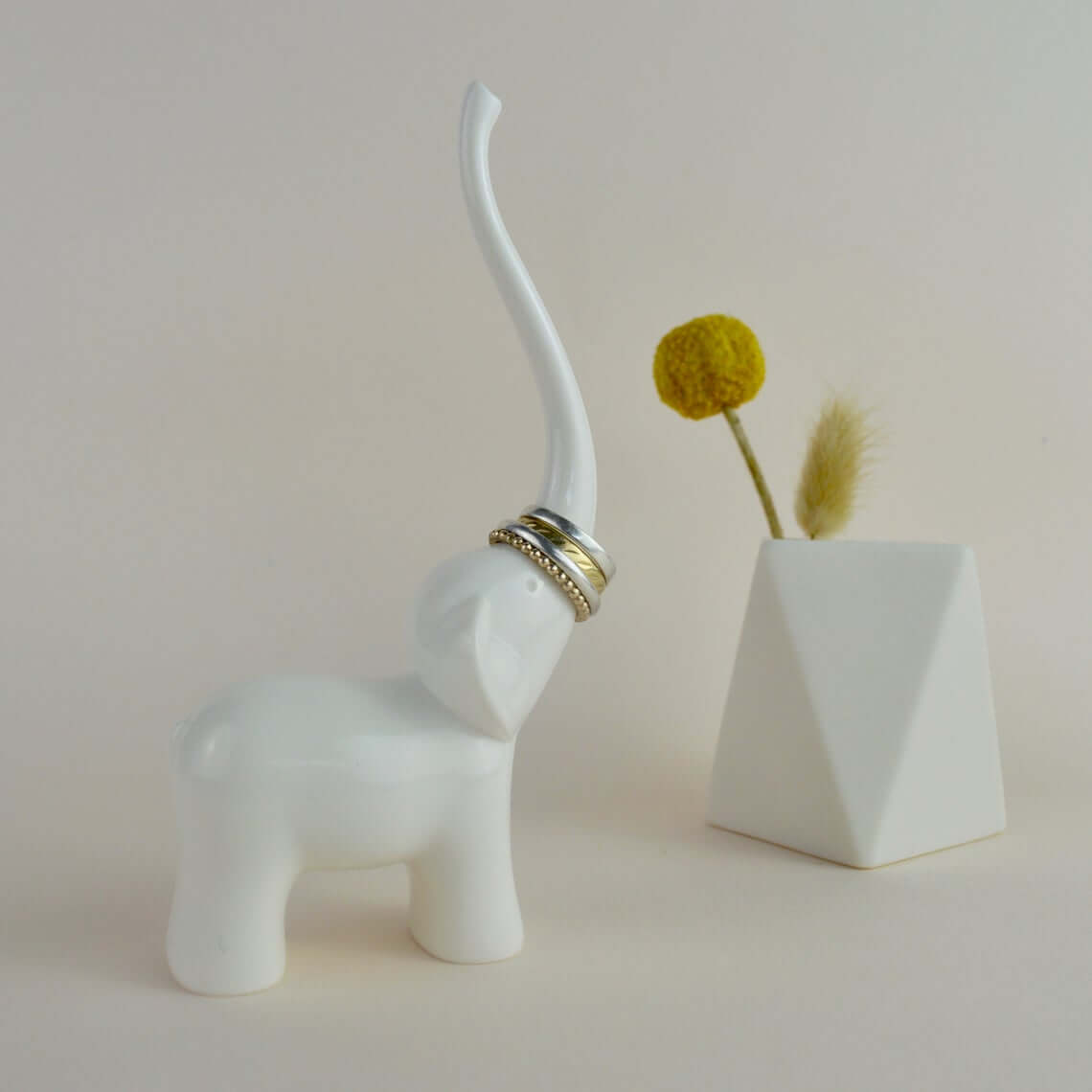 White Ceramic Elephant With Upward Trunk
