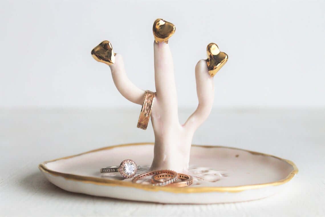 White Ceramic Tree Holder With Gold Heart Tips