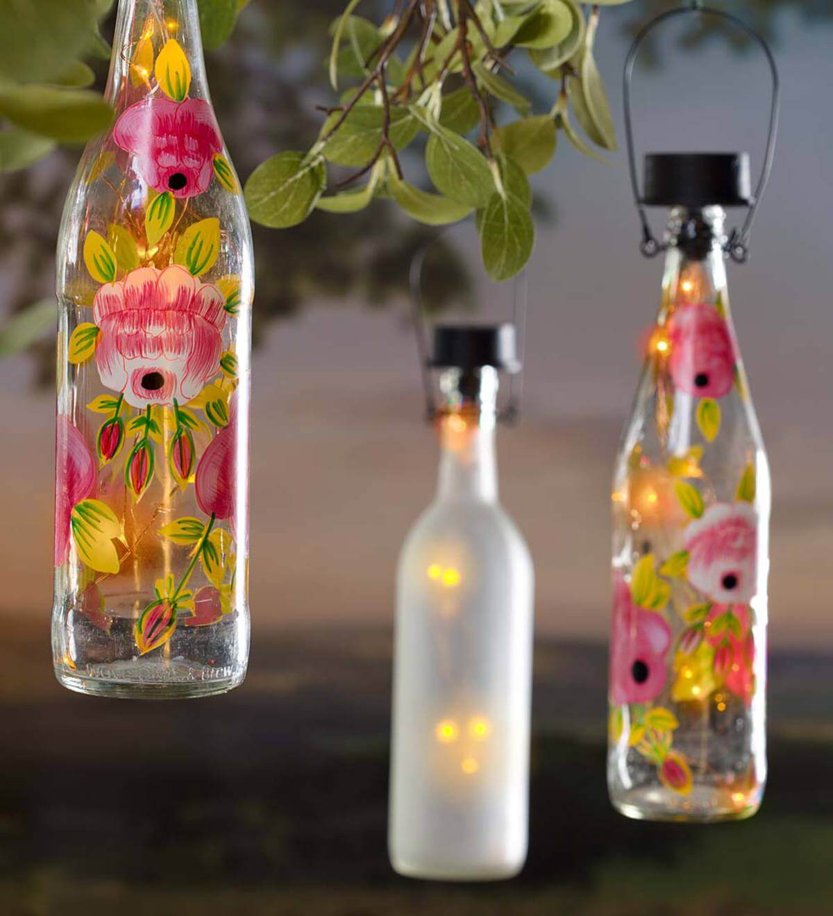 Painted Glass Bottles Glow With Solar String Lights