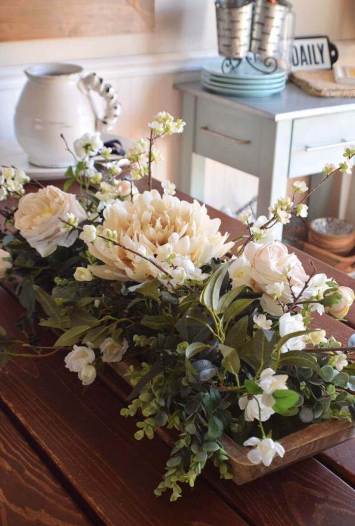 Creamy Peony Arrangement in a Wooden Bowl