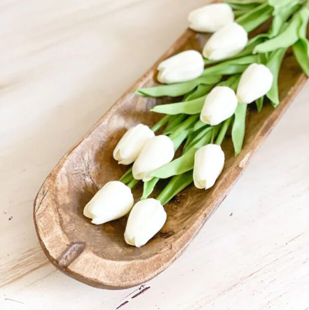 Spring Tulips in a Long Wooden Bowl