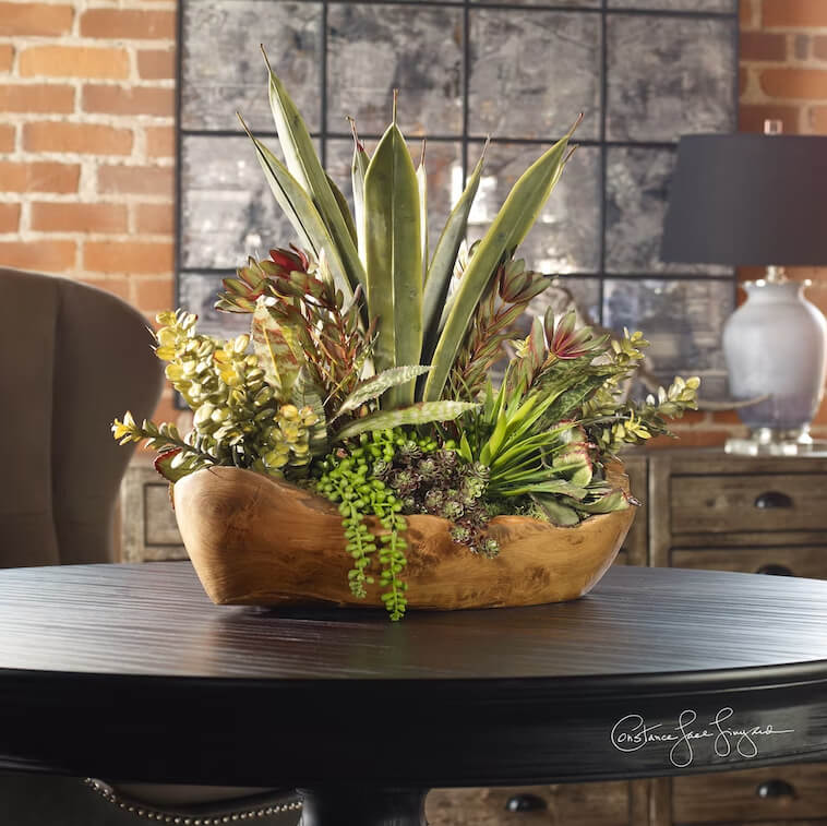 Succulent Arrangement in a Freeform Wooden Bowl
