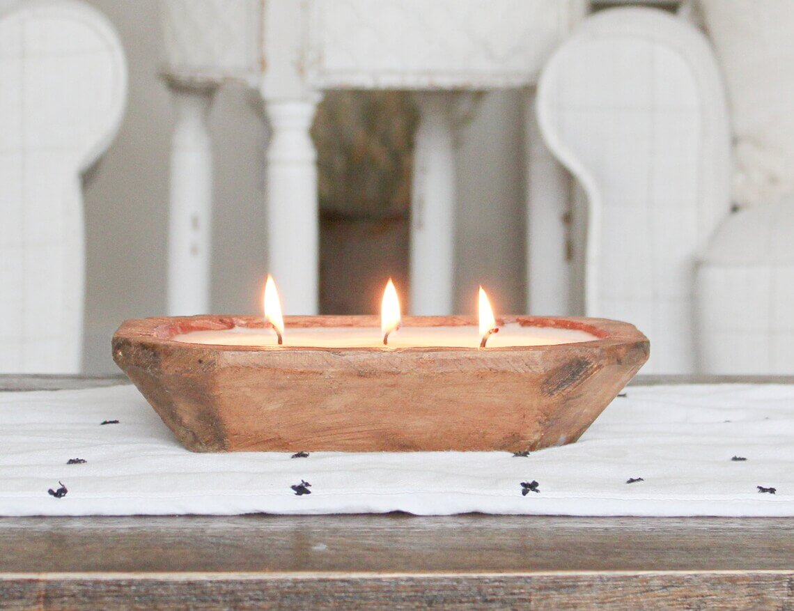 Triple-Wick Candle in a Carved Wooden Bowl