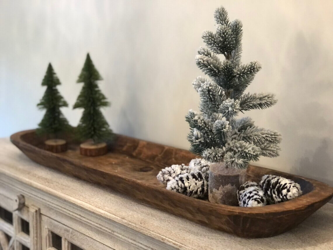 Winter Scene in a Long Wooden Dough Bowl