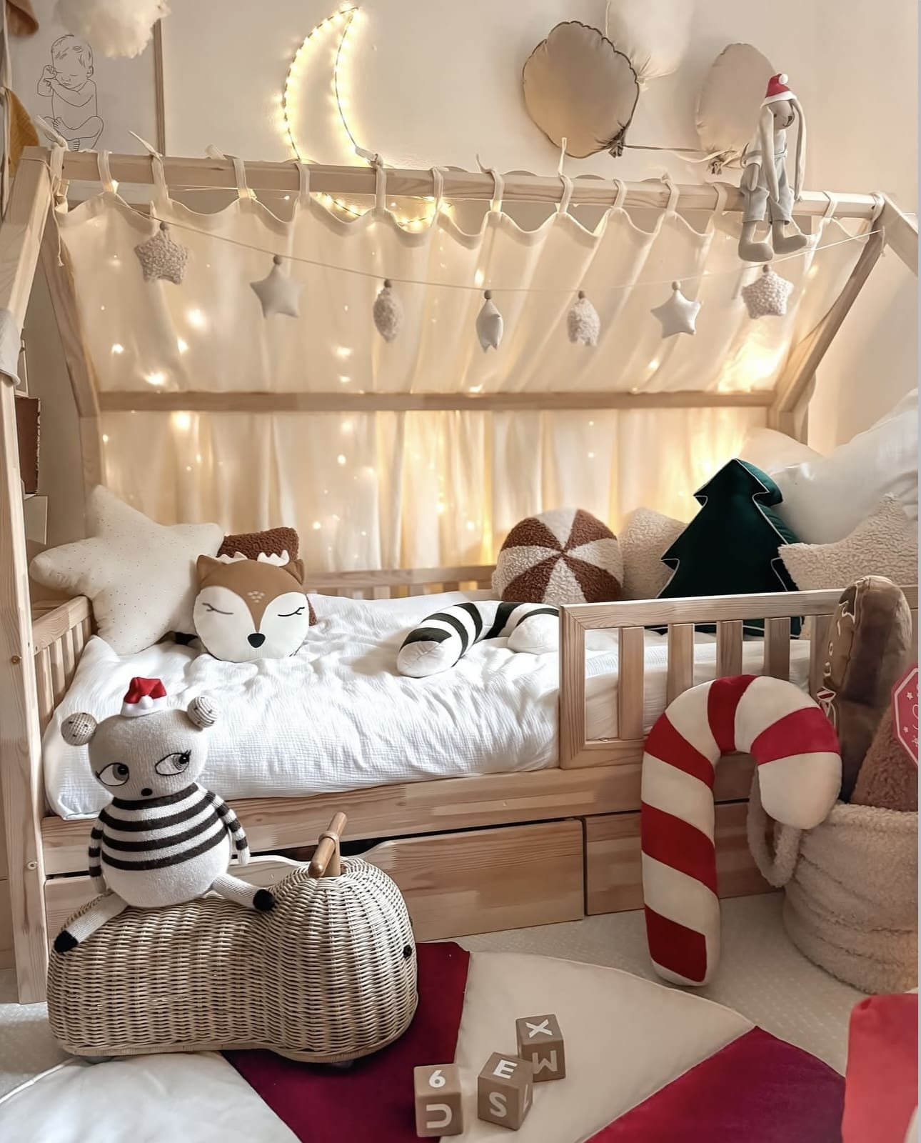 House Bed With Draped Canopy and Twinkle Lights