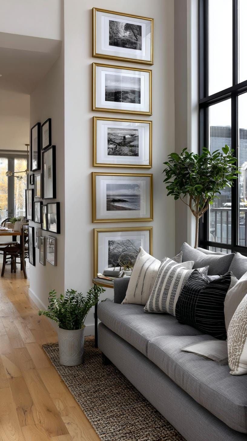 Gold Frames Add Warmth to a Vertical Stack
