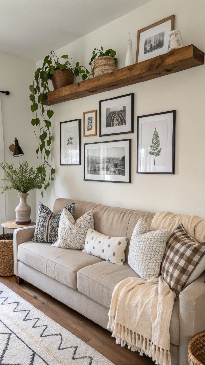 Wooden Floating Shelf Adds Vertical Interest Above Art