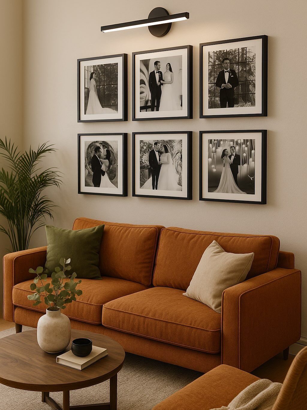 Six Black-Framed Wedding Photos Above a Sofa