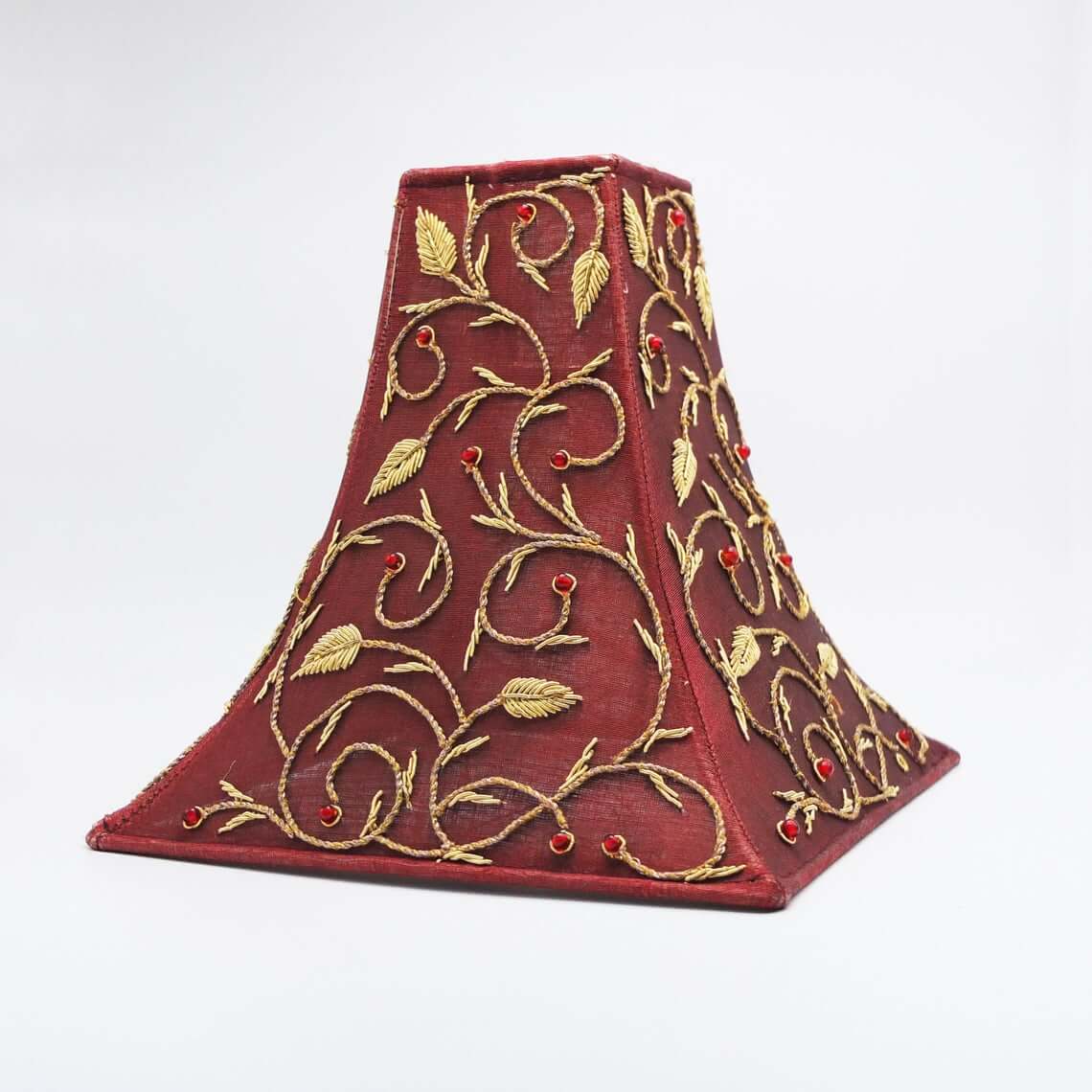 Burgundy Lamp Shade With Gold Vine Embroidery and Red Gem Accents