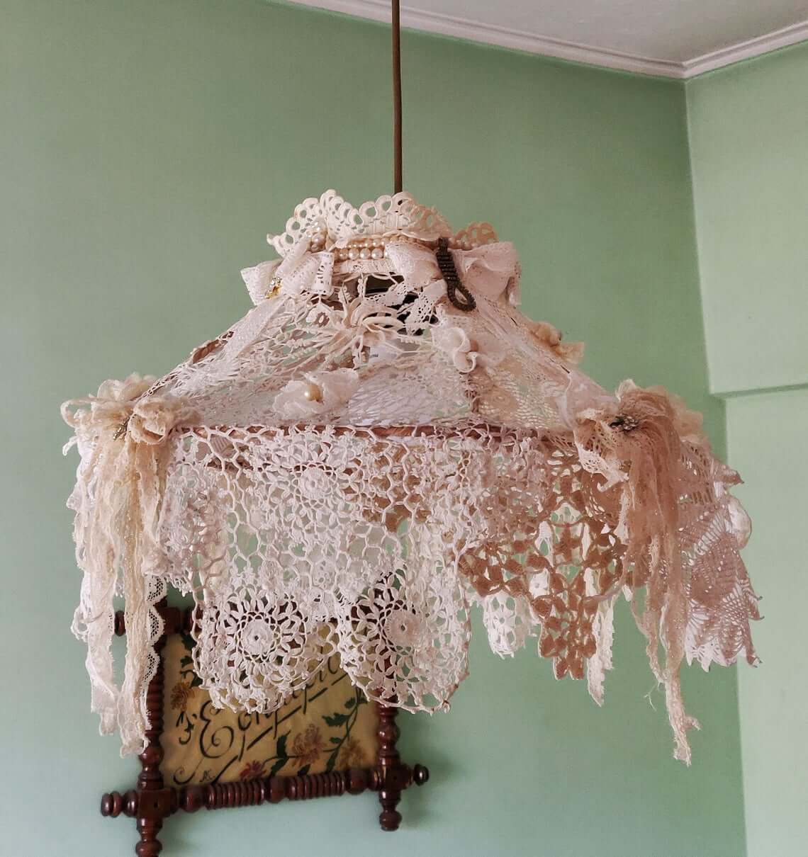 Lace Lamp Shade With Draped Tassels and Pearl Embellishments