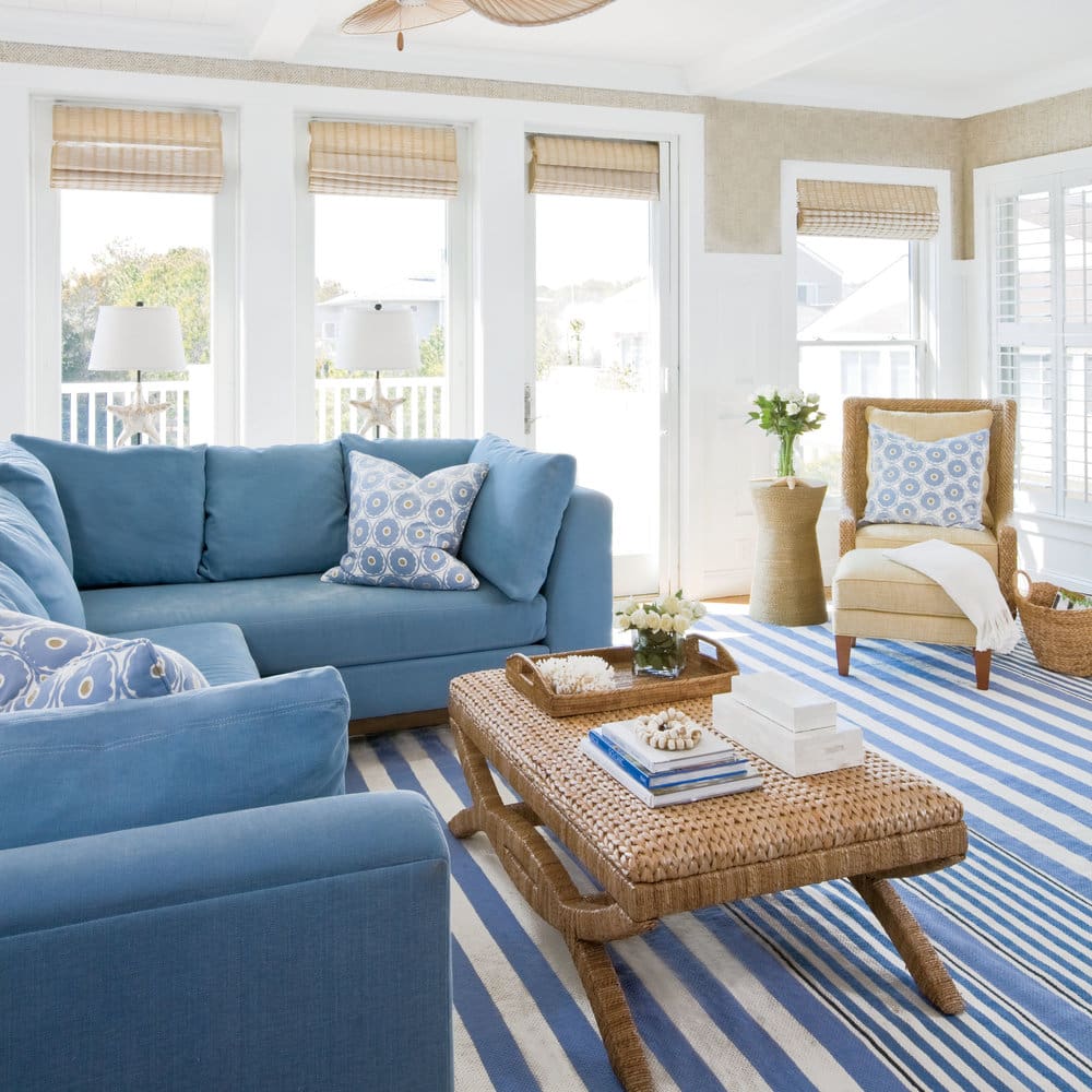 Anchor Your Seating Area with a Blue and White Striped Rug