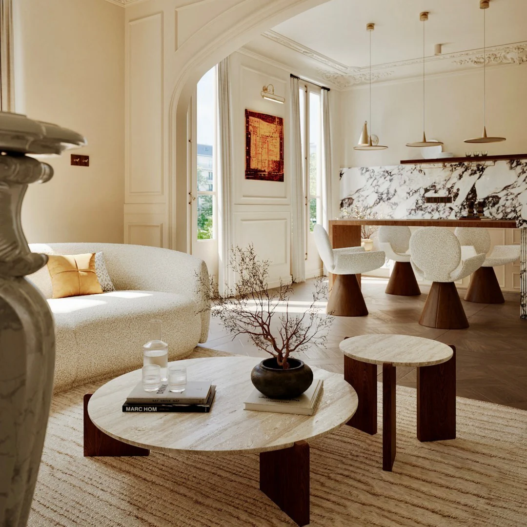 Combine Travertine and Dark Wood with a Round Coffee Table