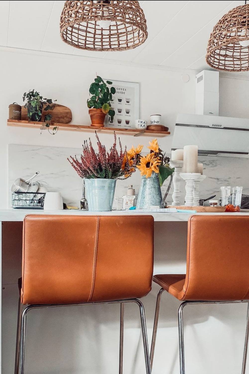 Woven Pendant Lights Frame the Cozy Kitchen Scene