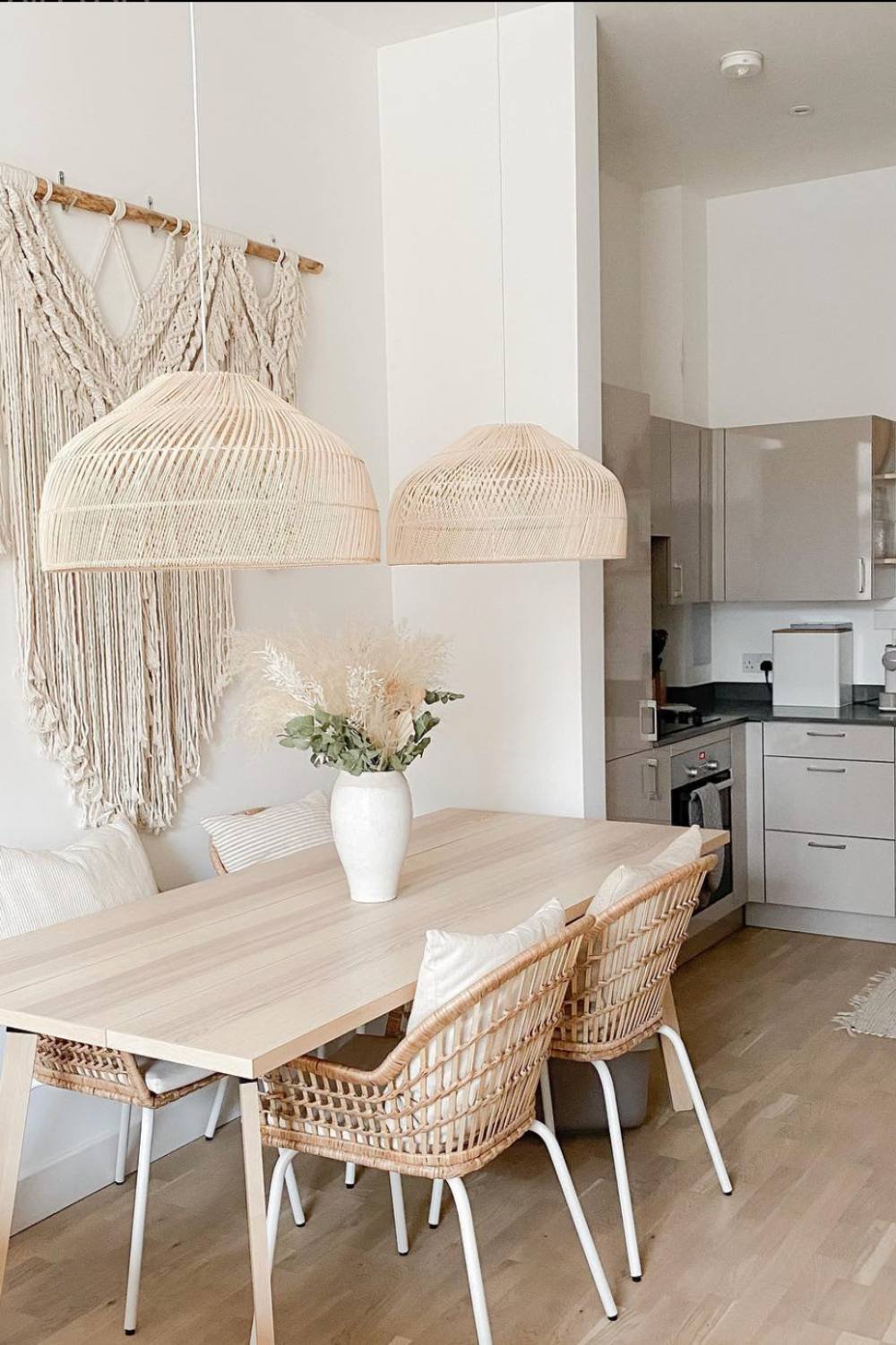 Woven Pendant Lights Add Natural Texture Above the Dining Table