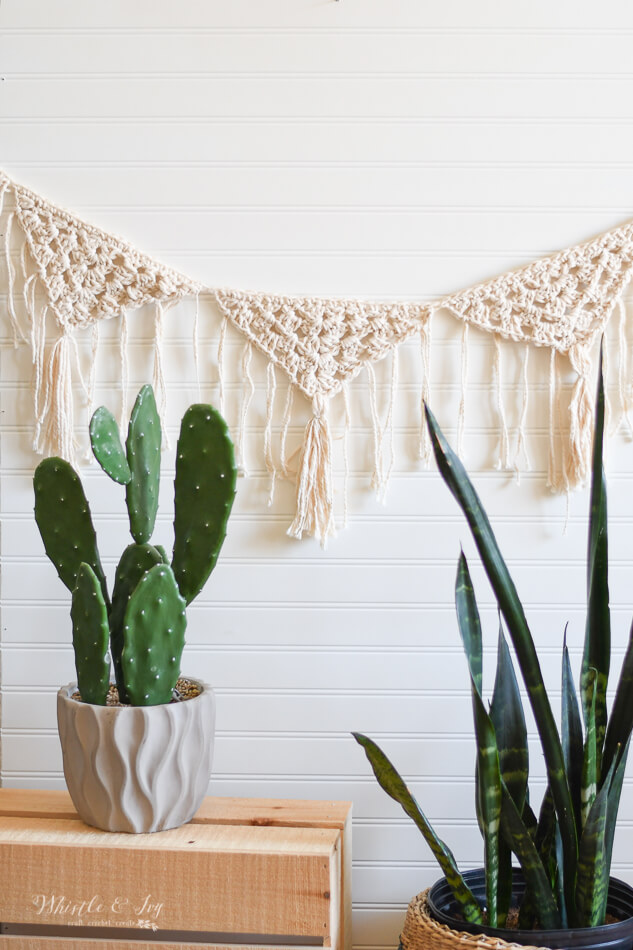 Cream Crochet Garland with Dangling Tassels