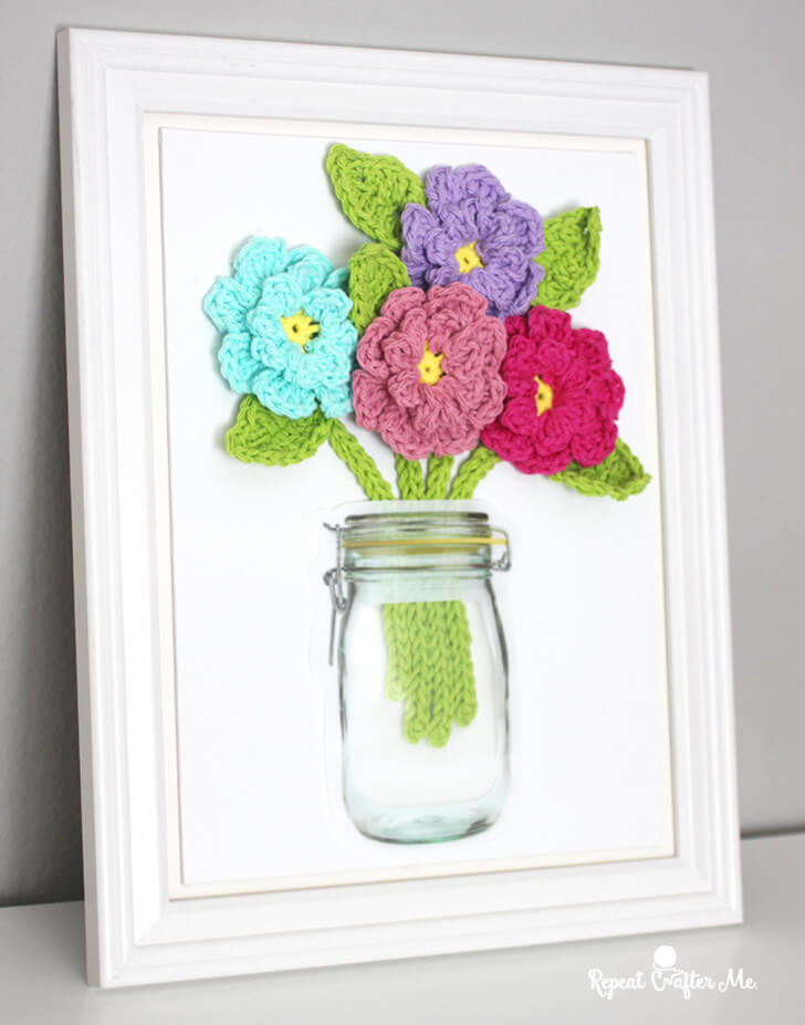Crocheted Flowers and Leaves in a Jar