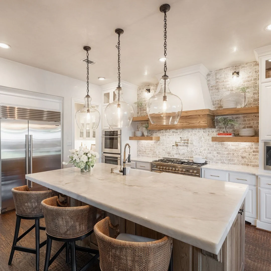 White Brick Backsplash with Natural Wood Shelving