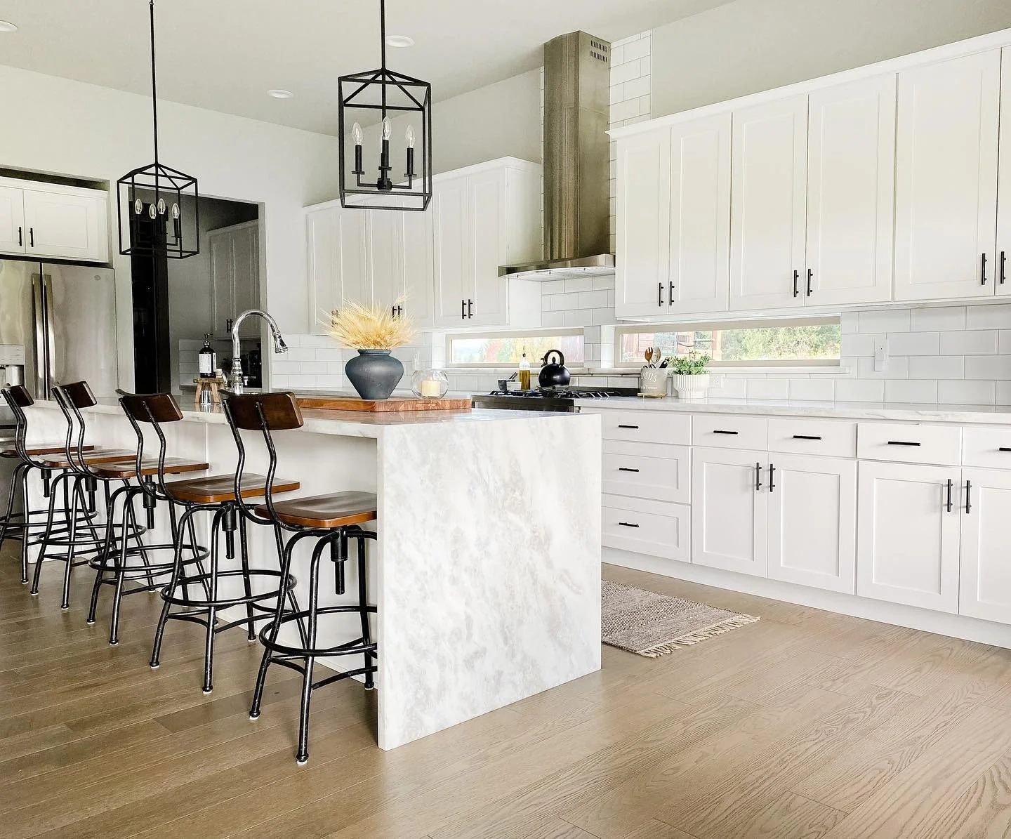 White Kitchen Island With Marble-Look Finish
