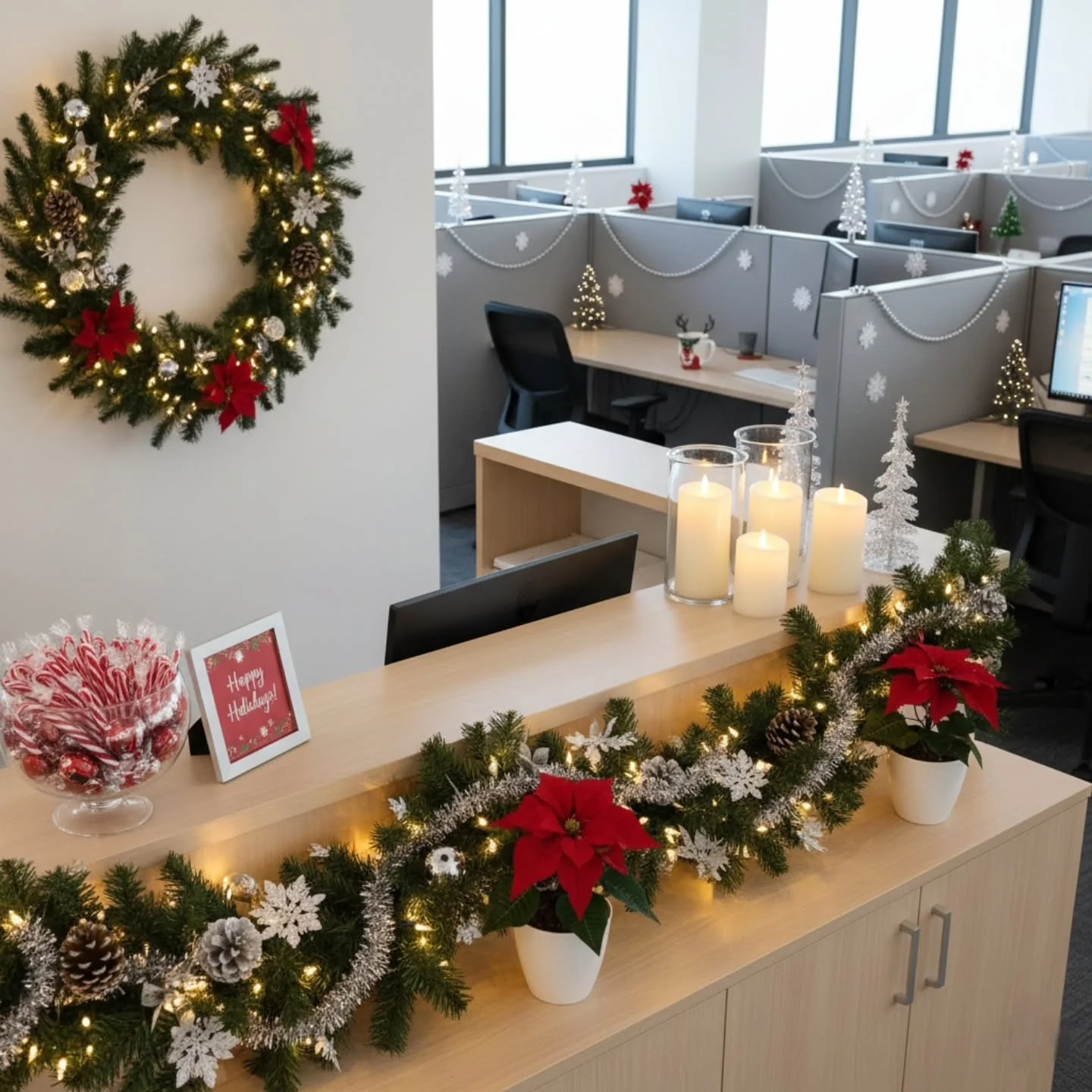 Potted Poinsettias Anchor a Twinkling Garland