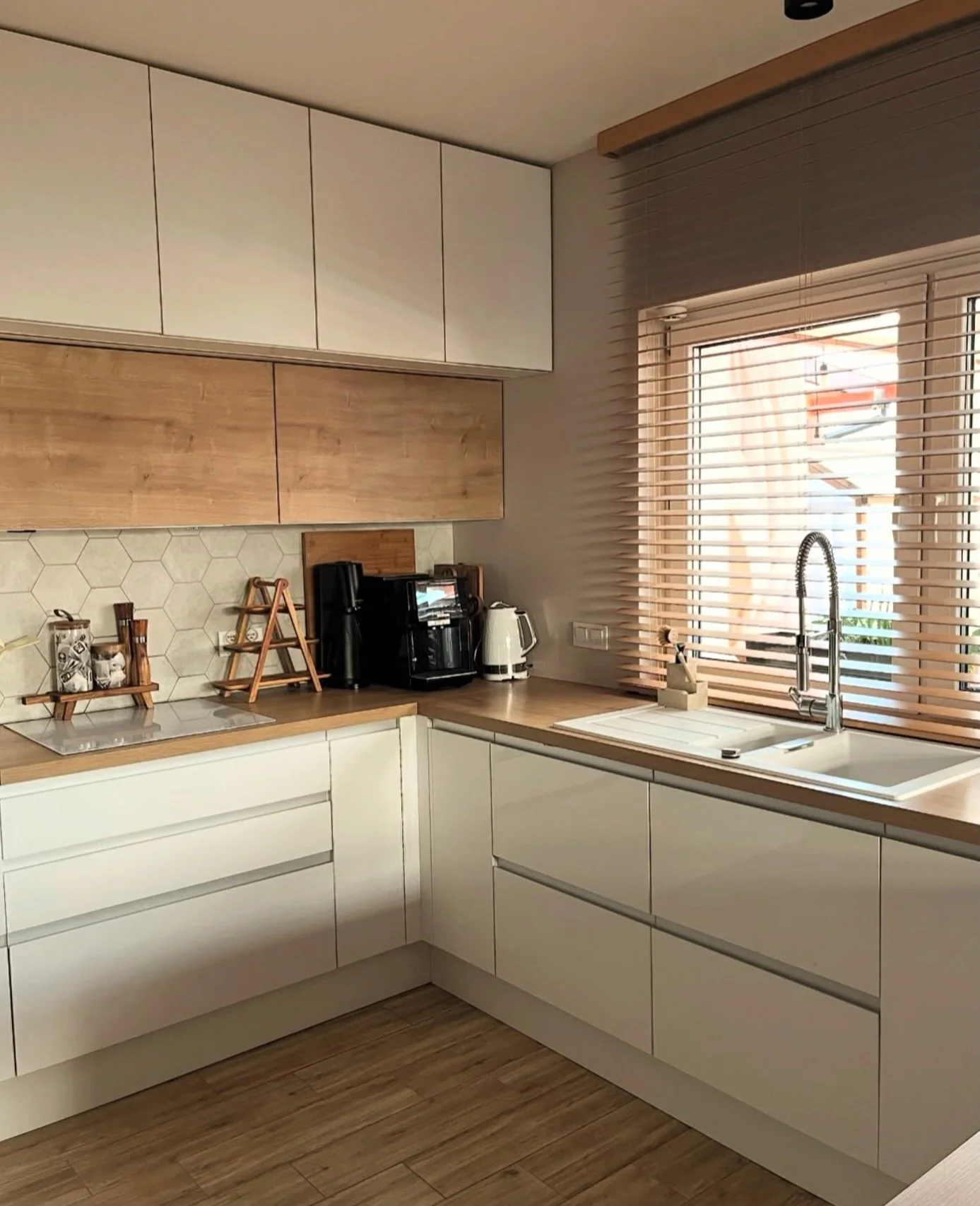 Balance White Cabinets with Warm Wood Accents