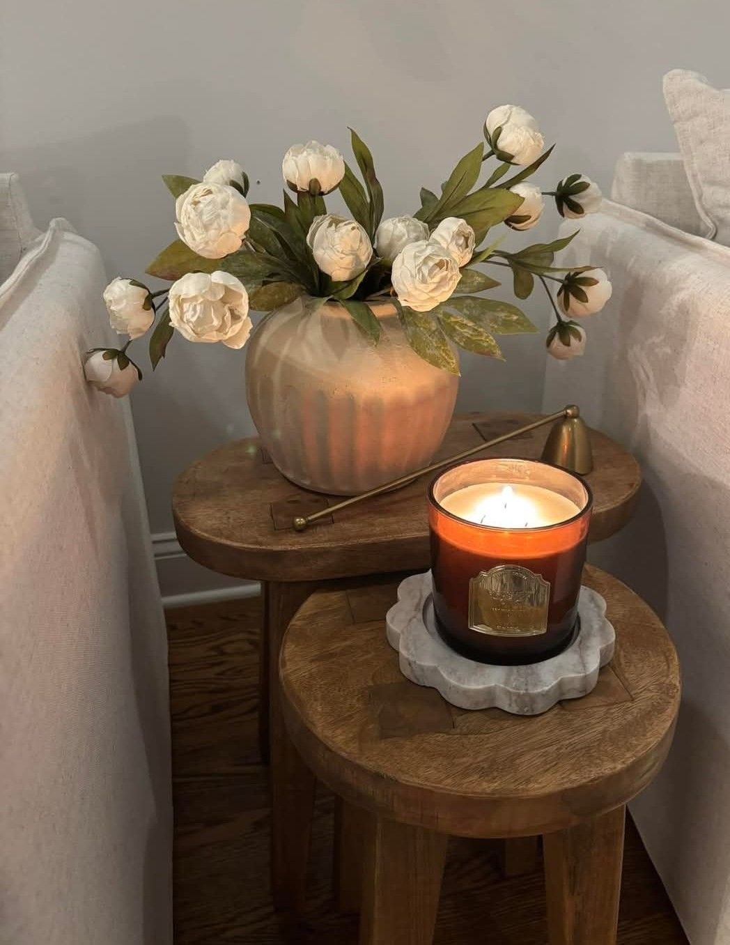 Cozy Vignette with Ribbed Vase and Candle
