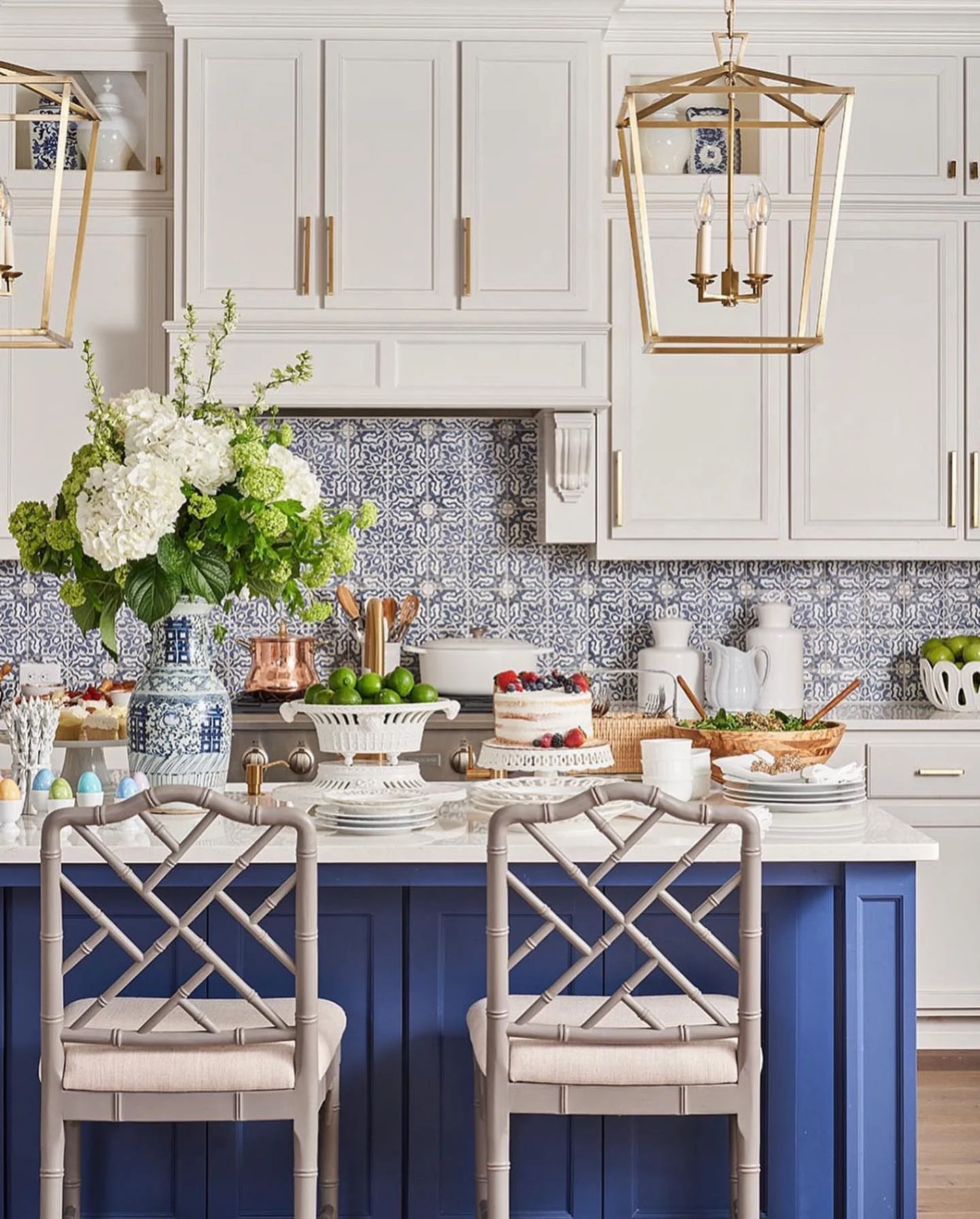 Blue and white patterned tile backsplash adds a Moroccan feel
