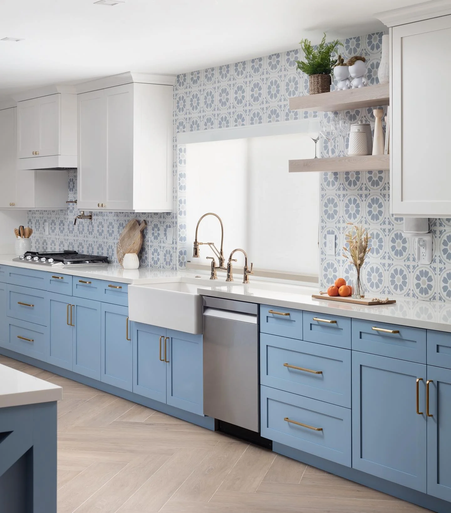 Choose Pale Blue Cabinets with Floral Tile