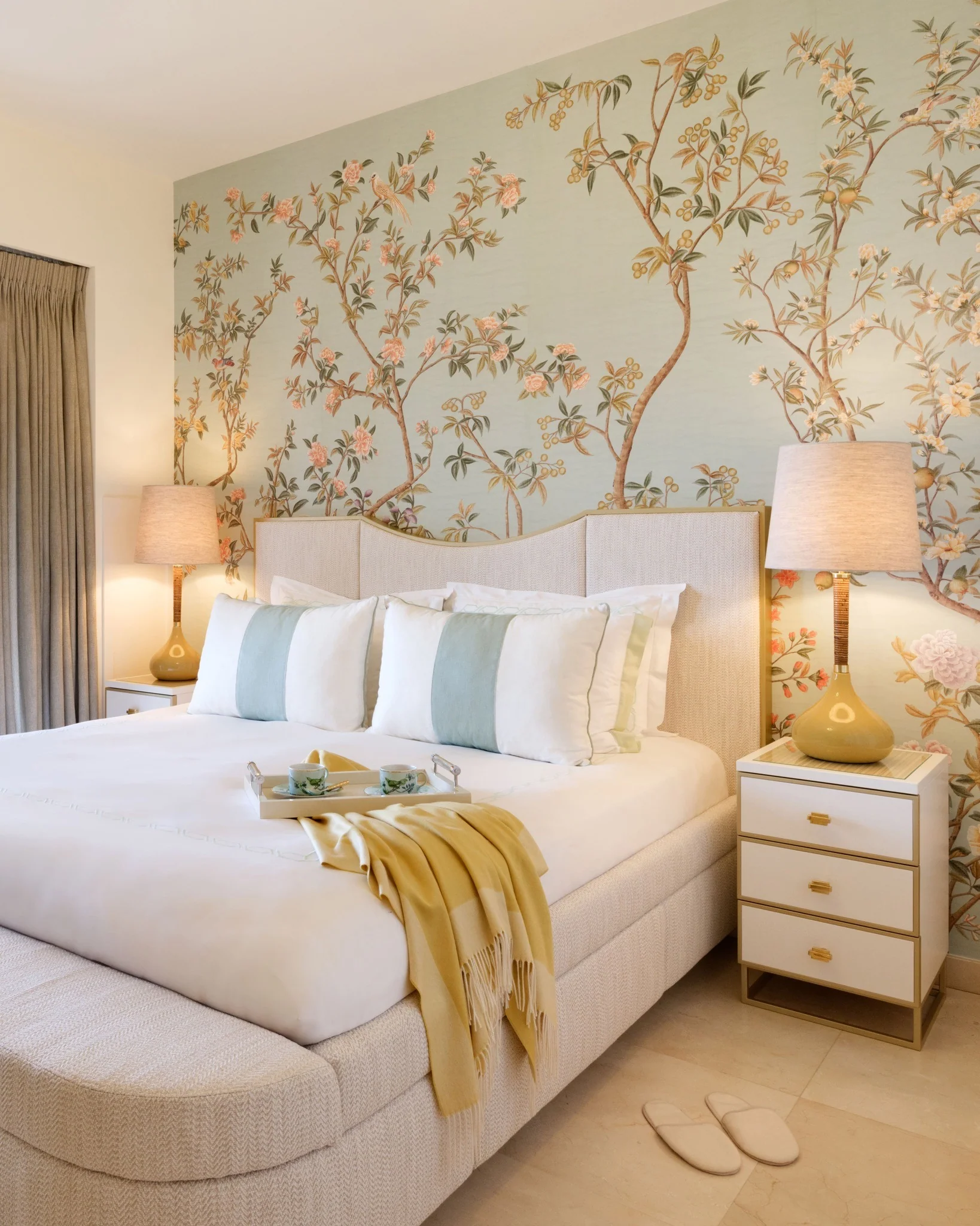 Soft Blue Wallpaper With Delicate Tree Motifs Creates a Serene Backdrop