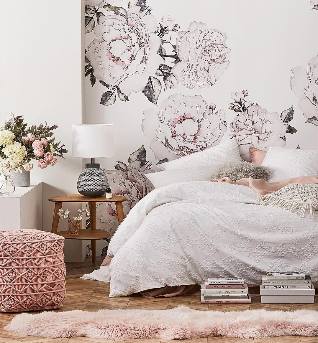 Oversized Peony Decals Add Romantic Whimsy to a White Bedroom