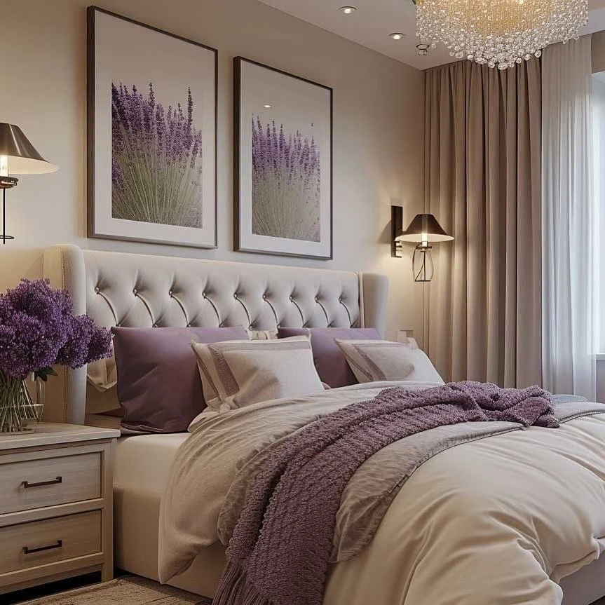Two Lavender Prints Frame a Tufted Headboard